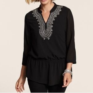 Chico's Beaded Silver Rhinestone Black Tunic Kaftan Sheer Top ¾ Sleeve Size 3 XL
